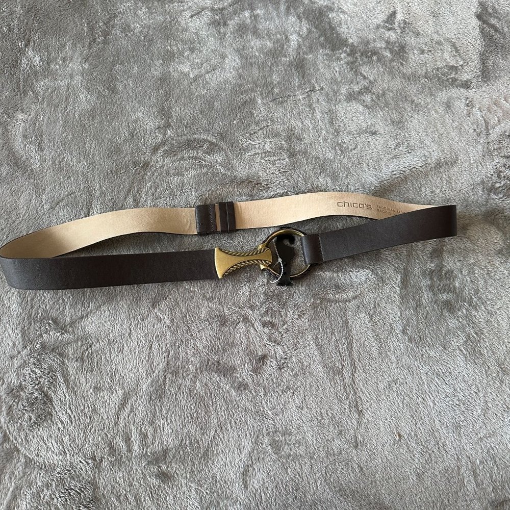 Chico's Brown Leather Belt with Decorative Brass Buckle